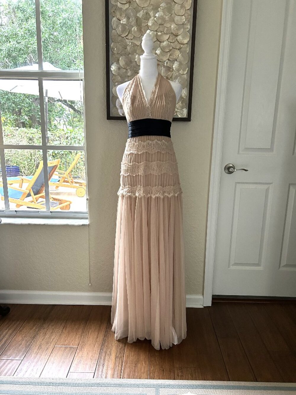 BCBGMaxAzria Blush Pink Halter Maxi Dress with Black Waistband